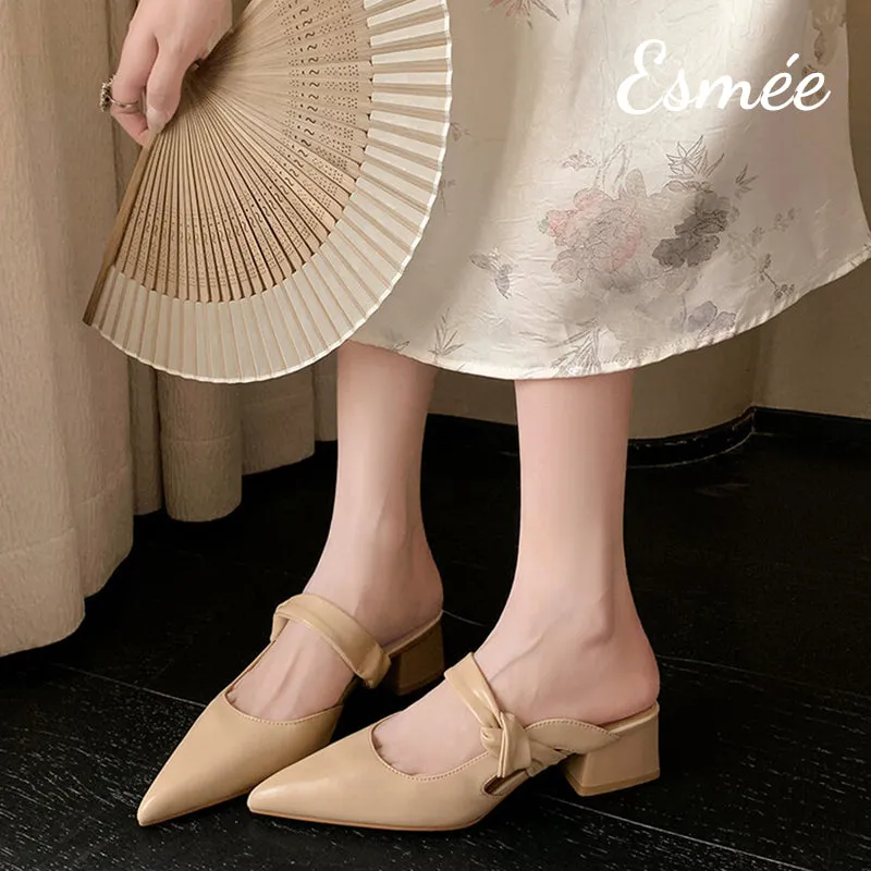 Leather High Heel Mules with Bow Knot Straps