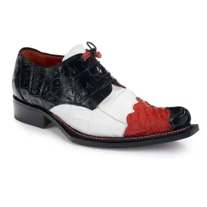 Mauri Designer Shoes Exotic Skin Men's Baby Croc & Hornback Crocodile Black, White & Red Oxfords 44207 (MA4934)