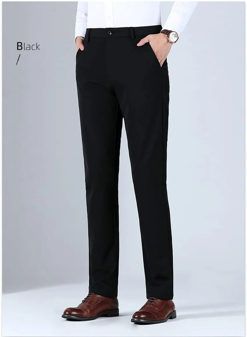 Men Autumn Winter Light Elastic Black Pants, Business Solid Color Soft Casual Trousers
