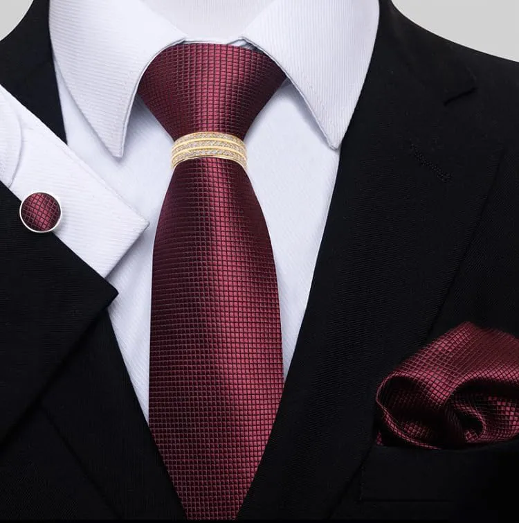 Men's Business Suit Accessory Set - Polyester Tie, Pocket Square, Cufflinks, and Tie Clip with Zirconia
