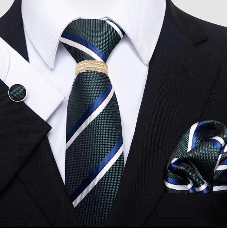 Men's Business Suit Accessory Set - Polyester Tie, Pocket Square, Cufflinks, and Tie Clip with Zirconia