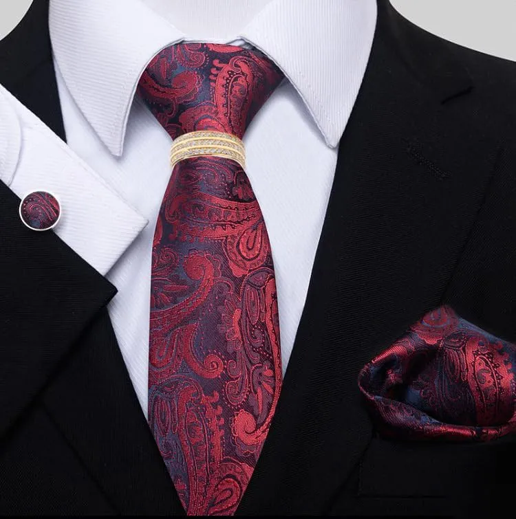 Men's Business Suit Accessory Set - Polyester Tie, Pocket Square, Cufflinks, and Tie Clip with Zirconia