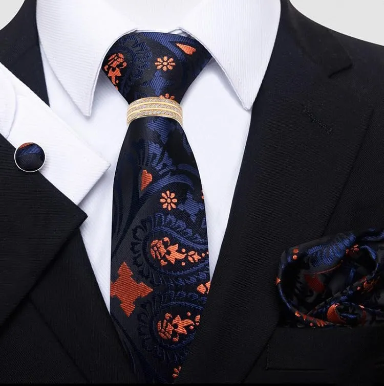 Men's Business Suit Accessory Set - Polyester Tie, Pocket Square, Cufflinks, and Tie Clip with Zirconia