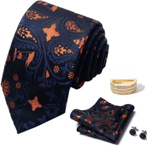 Men's Business Suit Accessory Set - Polyester Tie, Pocket Square, Cufflinks, and Tie Clip with Zirconia