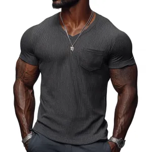 Men's Casual Ribbed Cotton Blend V-neck Slim Fit Short-sleeved T-shirt 51265184M
