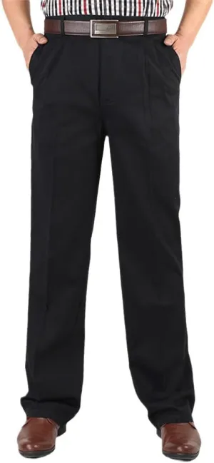 Middle-Aged Mens Cotton High Waist Trousers, Autumn Winter Loose Thicken Warm Business Casual Pants