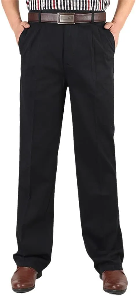 Middle-Aged Mens Cotton High Waist Trousers, Autumn Winter Loose Thicken Warm Business Casual Pants