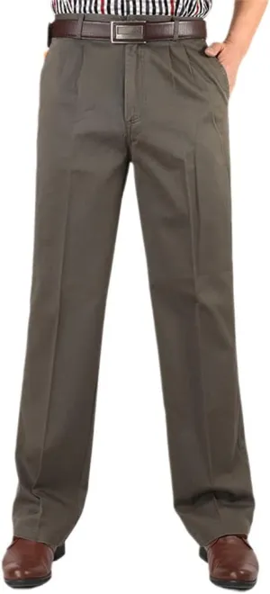 Middle-Aged Mens Cotton High Waist Trousers, Autumn Winter Loose Thicken Warm Business Casual Pants