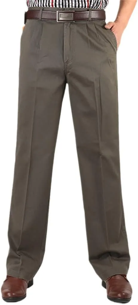 Middle-Aged Mens Cotton High Waist Trousers, Autumn Winter Loose Thicken Warm Business Casual Pants