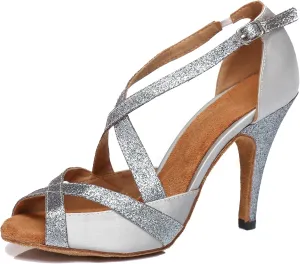 Minishion Women's Latin Salsa Stiletto High Heel Satin Glitter Dance Shoes Wedding Sandals L386