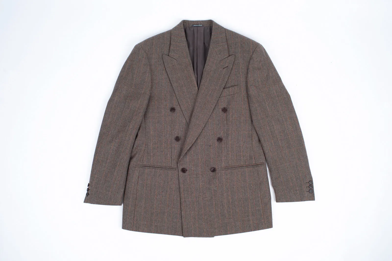 Missoni Uomo Double Breasted Brown Plaid Wool Flannel Blazer, US 40R, EU 50R