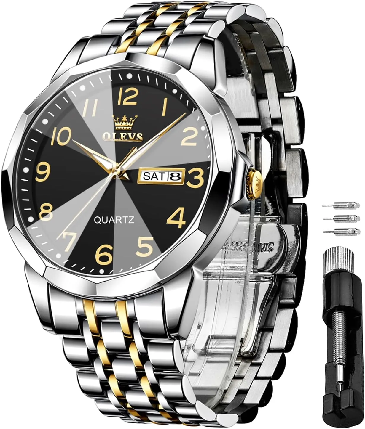 OLEVS Watch for Men Luxury Dress Analog Quartz Stainless Steel Waterproof Luminous Date Diamond Business Two Tone Casual Wrist Watch