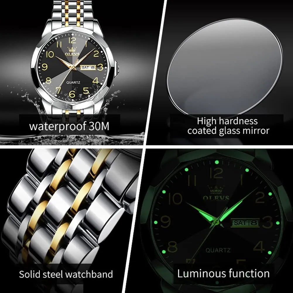OLEVS Watch for Men Luxury Dress Analog Quartz Stainless Steel Waterproof Luminous Date Diamond Business Two Tone Casual Wrist Watch