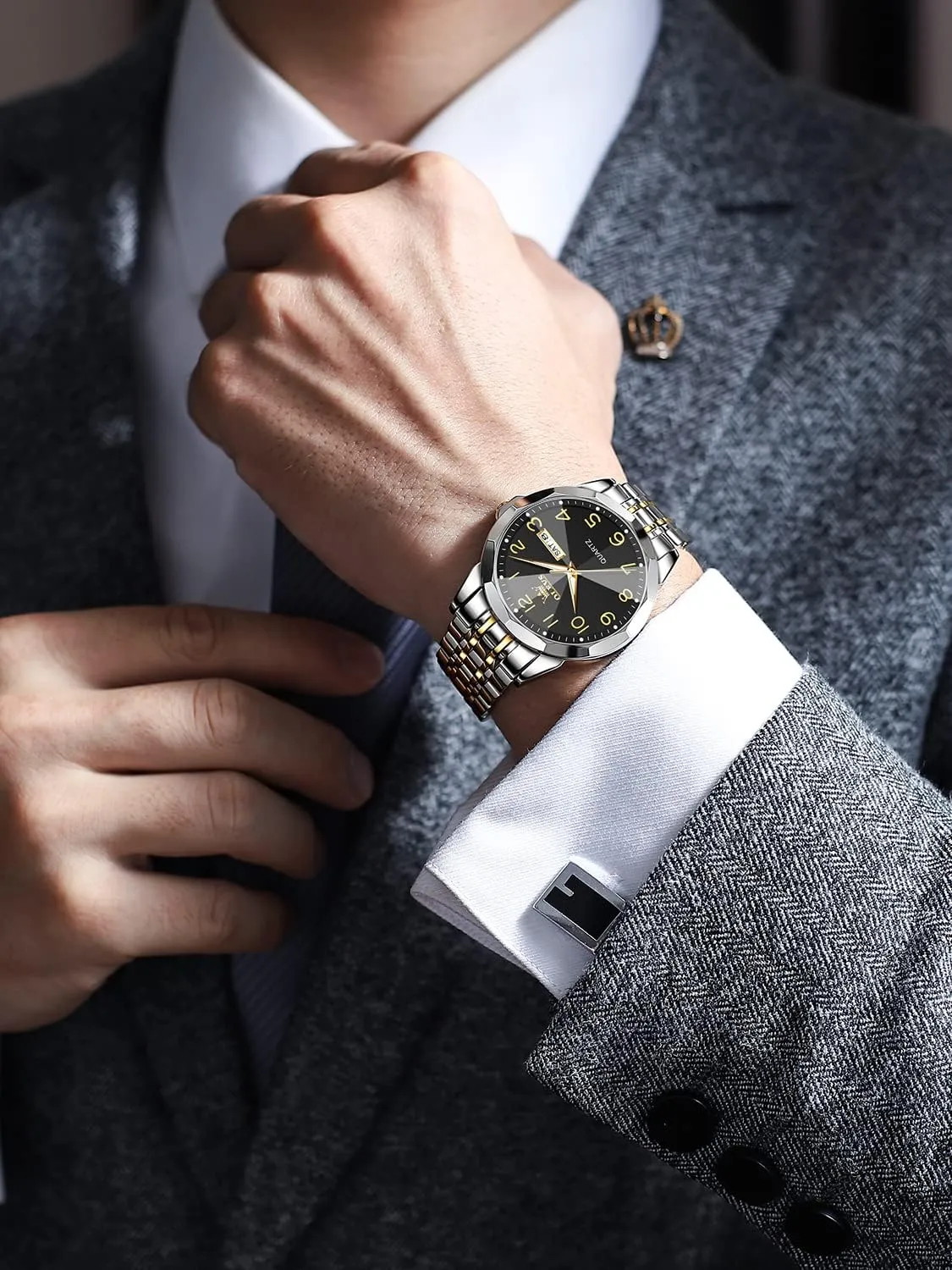 OLEVS Watch for Men Luxury Dress Analog Quartz Stainless Steel Waterproof Luminous Date Diamond Business Two Tone Casual Wrist Watch