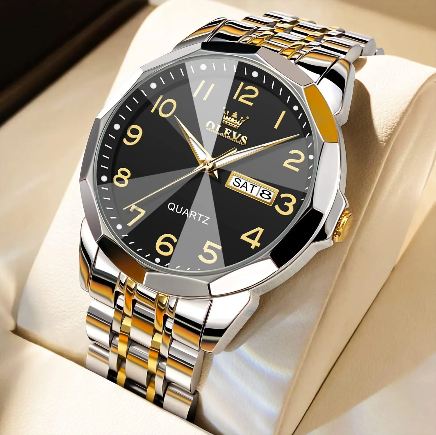 OLEVS Watch for Men Luxury Dress Analog Quartz Stainless Steel Waterproof Luminous Date Diamond Business Two Tone Casual Wrist Watch