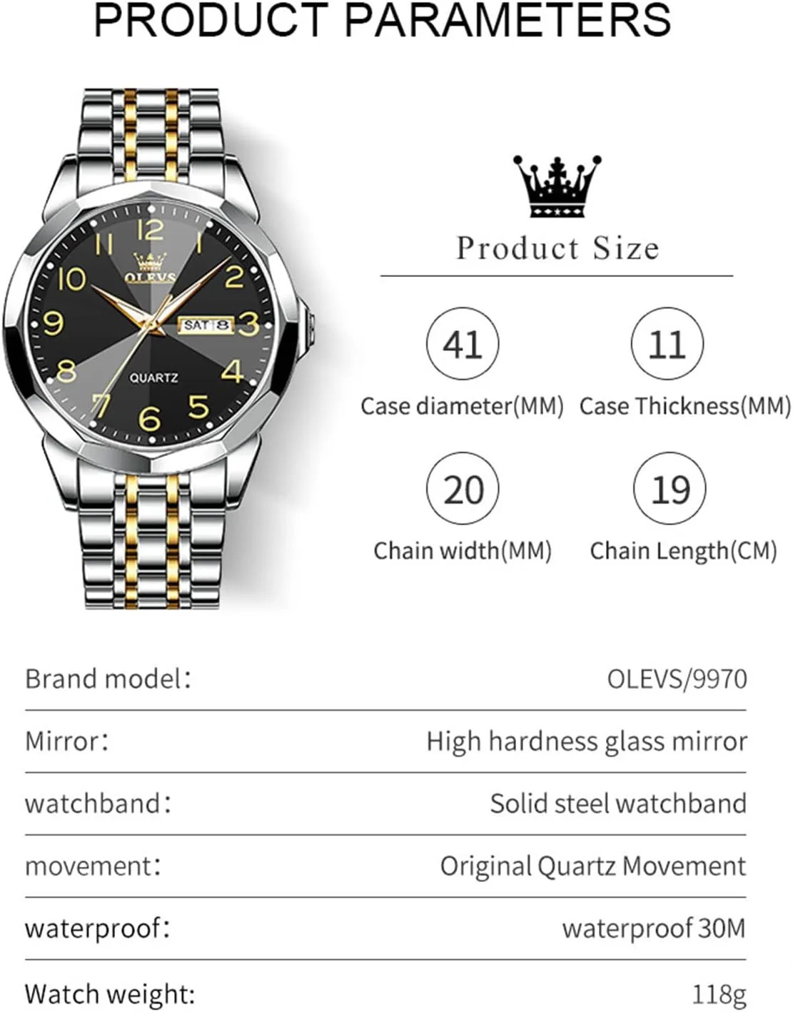 OLEVS Watch for Men Luxury Dress Analog Quartz Stainless Steel Waterproof Luminous Date Diamond Business Two Tone Casual Wrist Watch