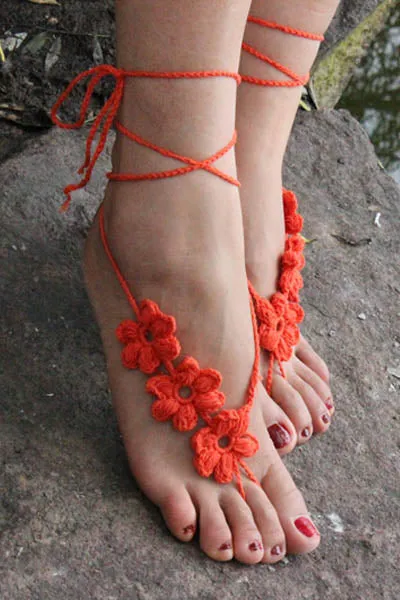 Orange Hand Made Flowery Crochet Beach Sandals