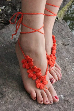 Orange Hand Made Flowery Crochet Beach Sandals