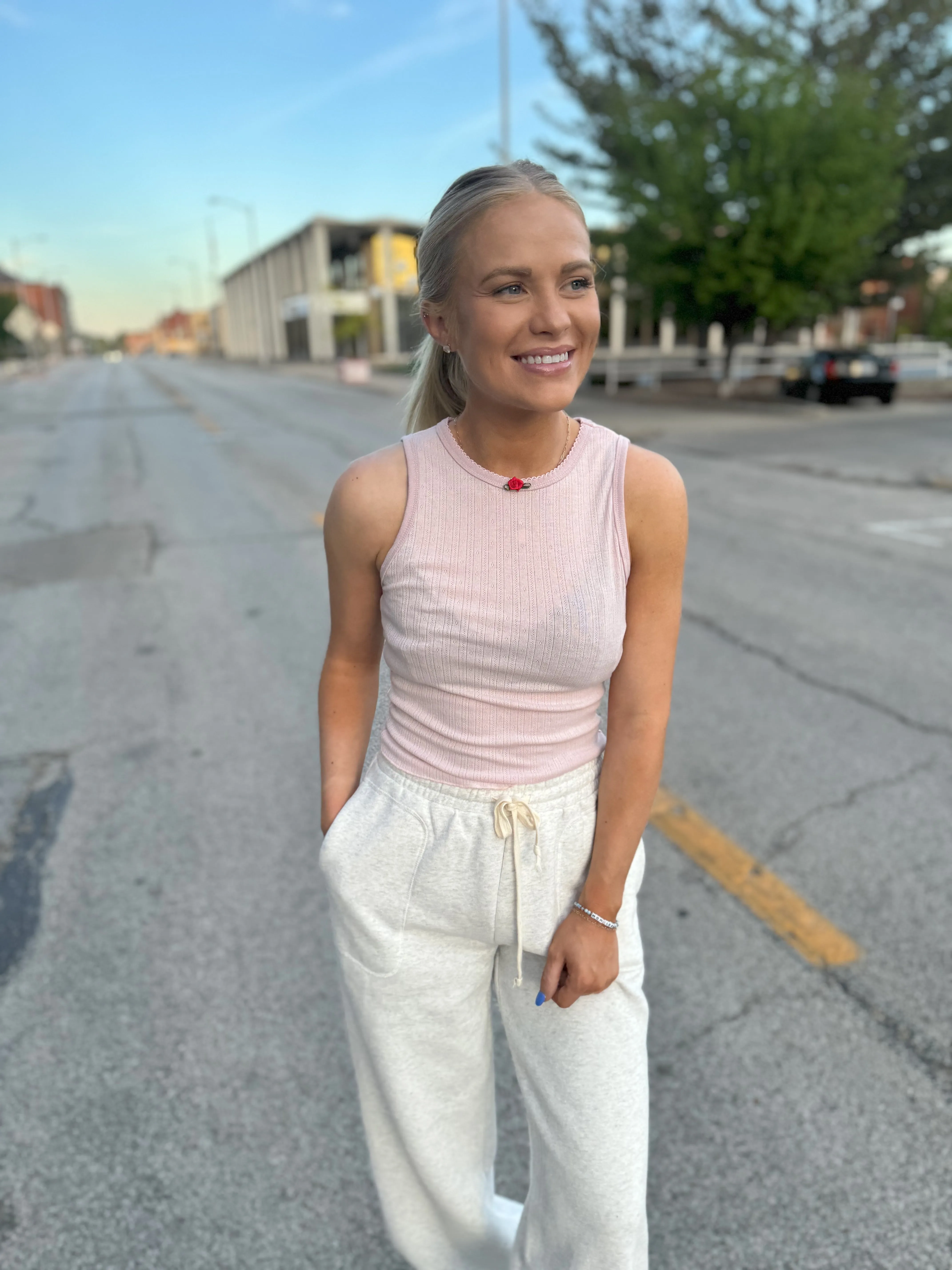 Pink Rosette Detailed Tank Top