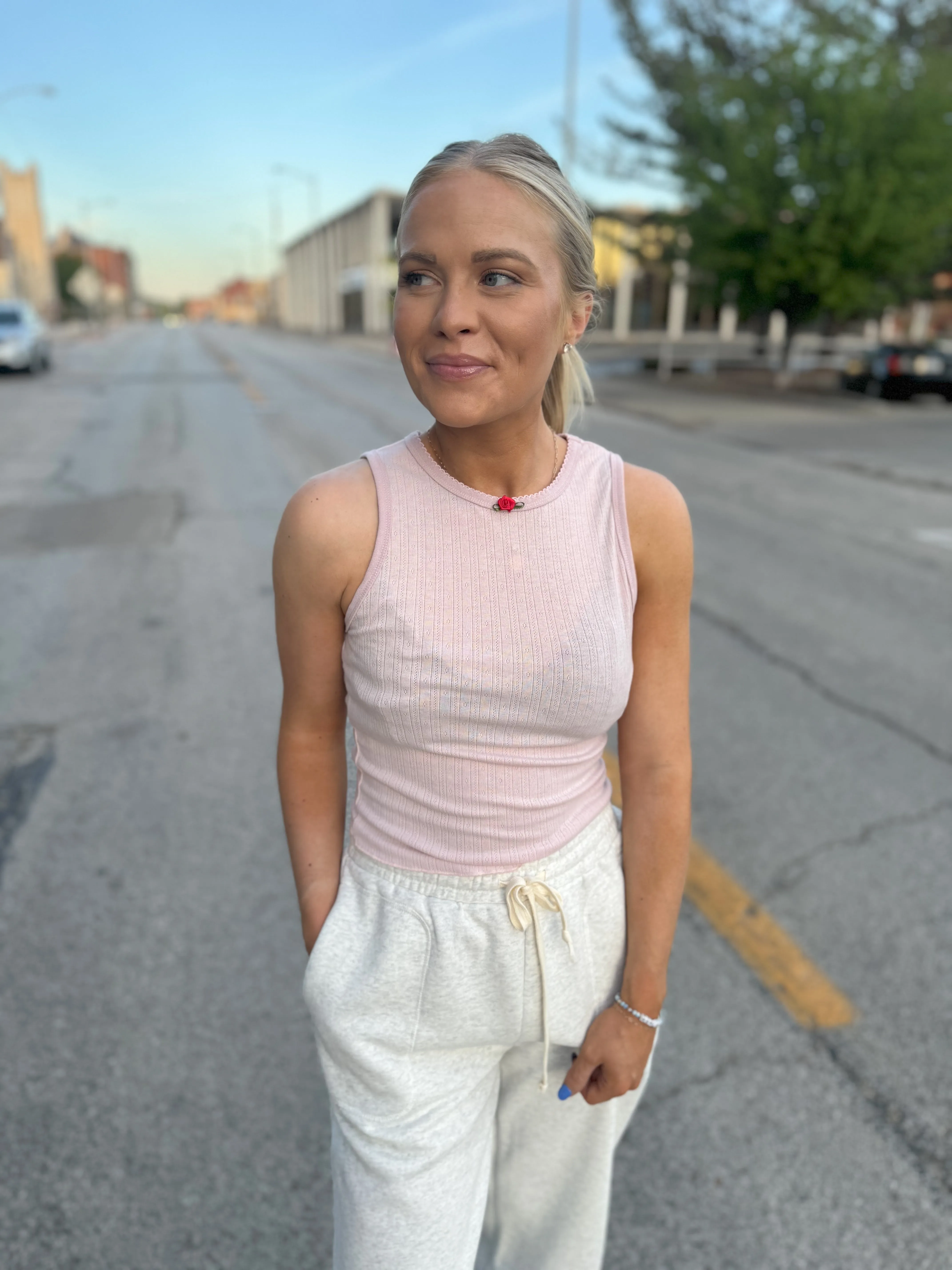 Pink Rosette Detailed Tank Top
