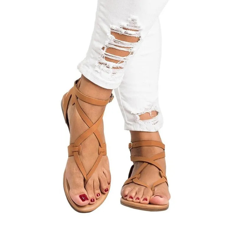 Pure Color Straps Thong Ankle Strap Women Flat Beach Sandals