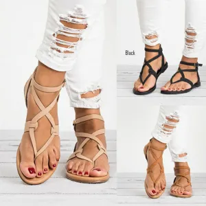 Pure Color Straps Thong Ankle Strap Women Flat Beach Sandals