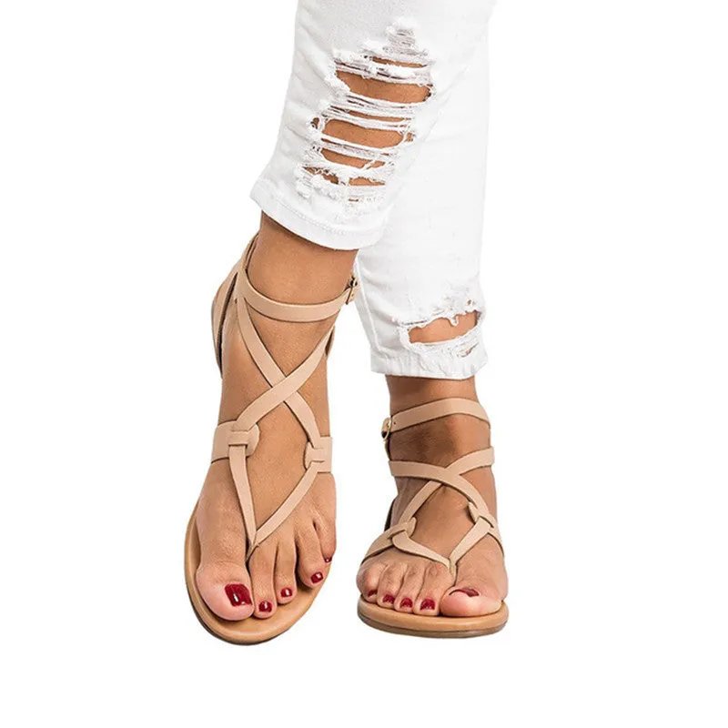 Pure Color Straps Thong Ankle Strap Women Flat Beach Sandals