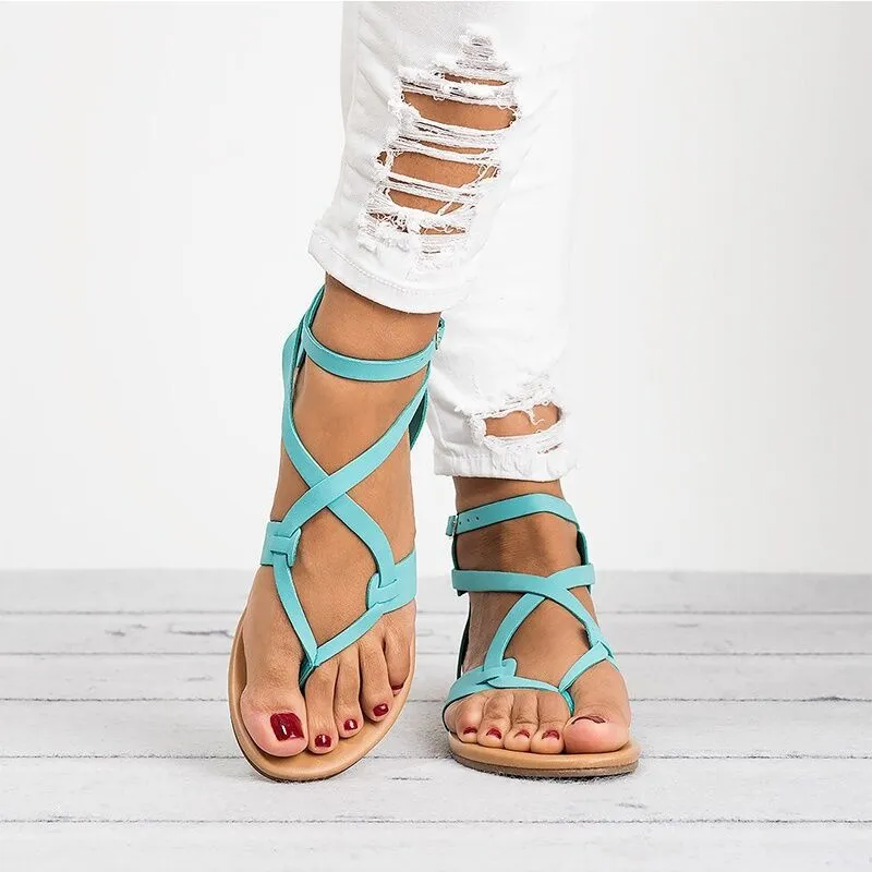 Pure Color Straps Thong Ankle Strap Women Flat Beach Sandals