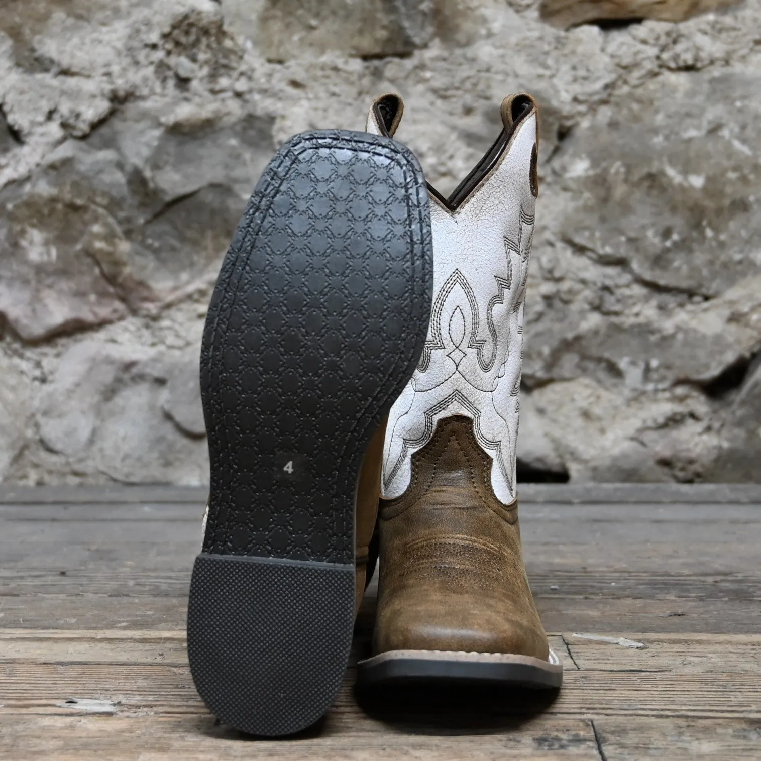 The DRIFTER Kids Brown Distressed/Antique White Leather Western Boot