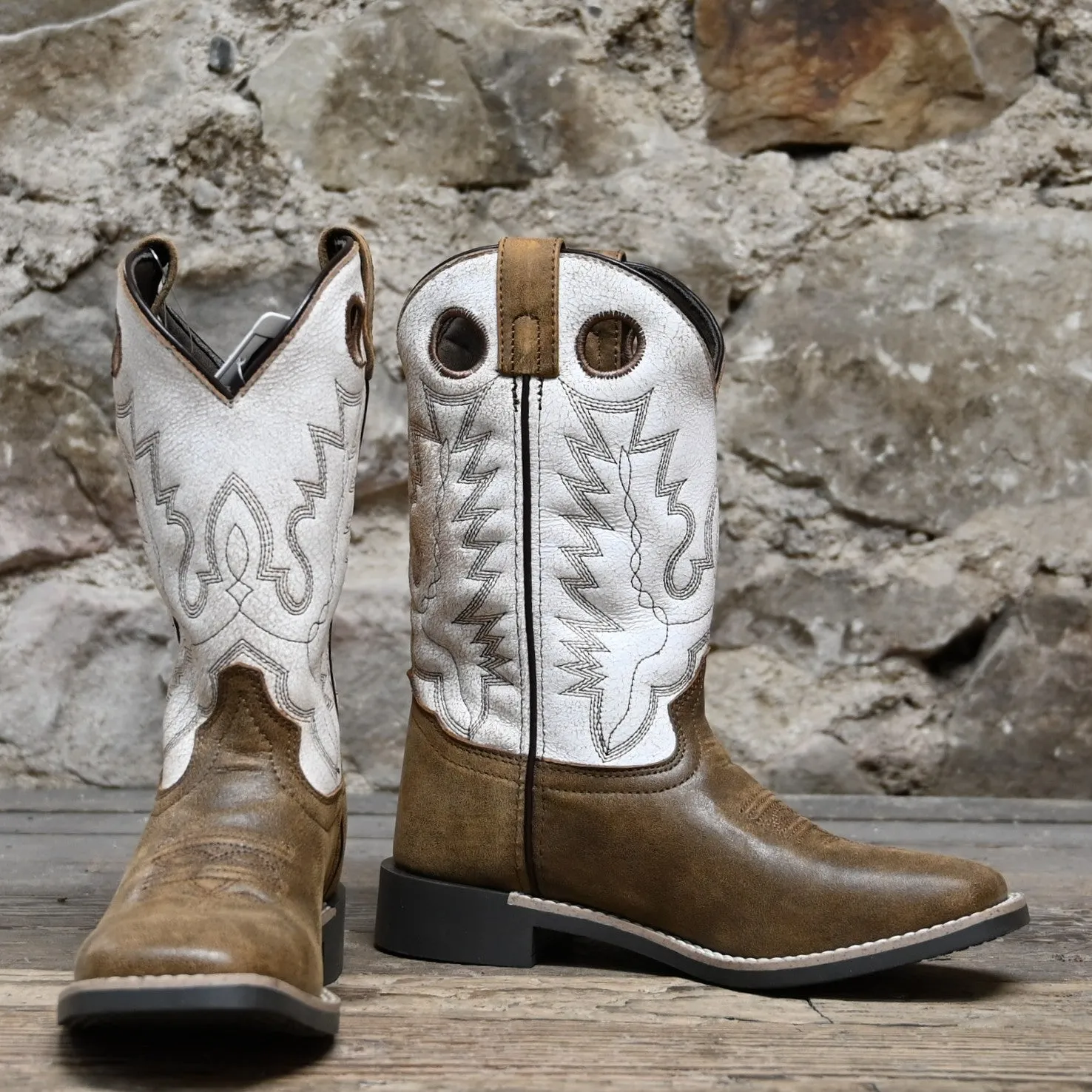 The DRIFTER Kids Brown Distressed/Antique White Leather Western Boot