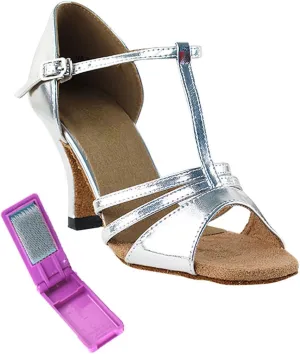 Very Fine Dance Shoes - Ladies Latin, Rhythm, Salsa Ballroom Dance Shoes - 1683-2.5-inch Heel and Foldable Brush Bundle - Silver Leather - 9