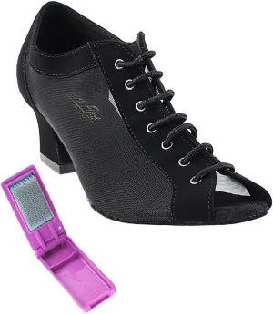 Very Fine Dance Shoes - Ladies Latin, Rhythm, Salsa, Waltz Ballroom Dance Shoes - 1643-2-inch Heel and Foldable Brush Bundle - Black Nubuck - Black Mesh - 5