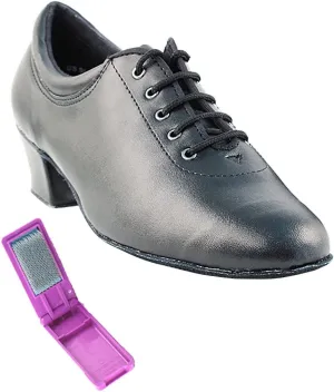 Very Fine Dance Shoes - Ladies Practice, Cuban Low Heel Ballroom Dance Shoes - 2601-1.5-inch Heel and Foldable Brush Bundle - Black Leather - 6.5