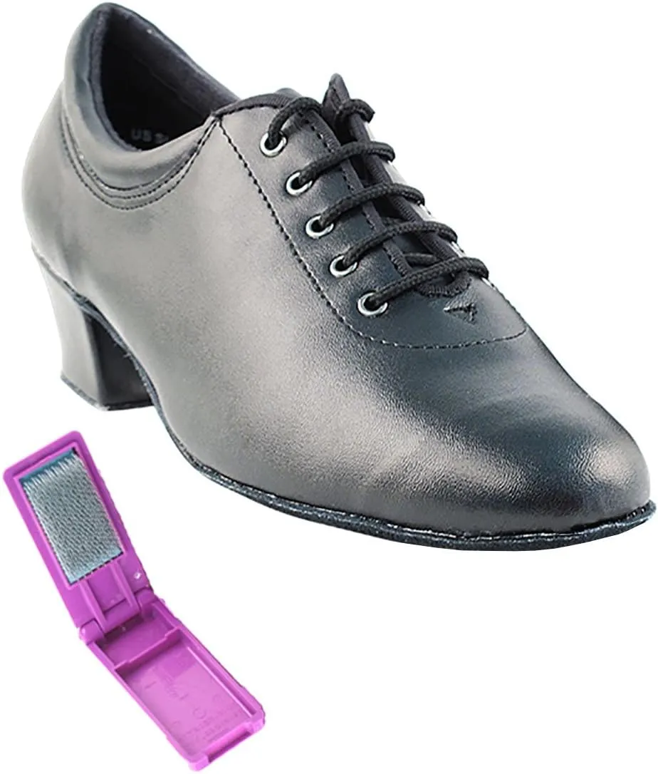 Very Fine Dance Shoes - Ladies Practice, Cuban Low Heel Ballroom Dance Shoes - 2601-1.5-inch Heel and Foldable Brush Bundle - Black Leather - 6.5