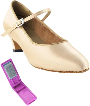 Very Fine Dance Shoes - Ladies Practice, Cuban Low Heel Ballroom Dance Shoes - 3008-1.3-inch Heel and Foldable Brush Bundle - Light Brown Satin - 5.5