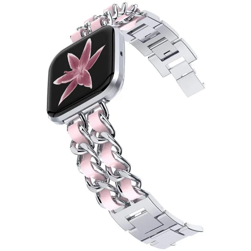 Wearlizer Chain  Fitbit Versa 2/Fitbit Versa/Versa Lite Bands for Women Metal Chain Interlaced with Leather Strap