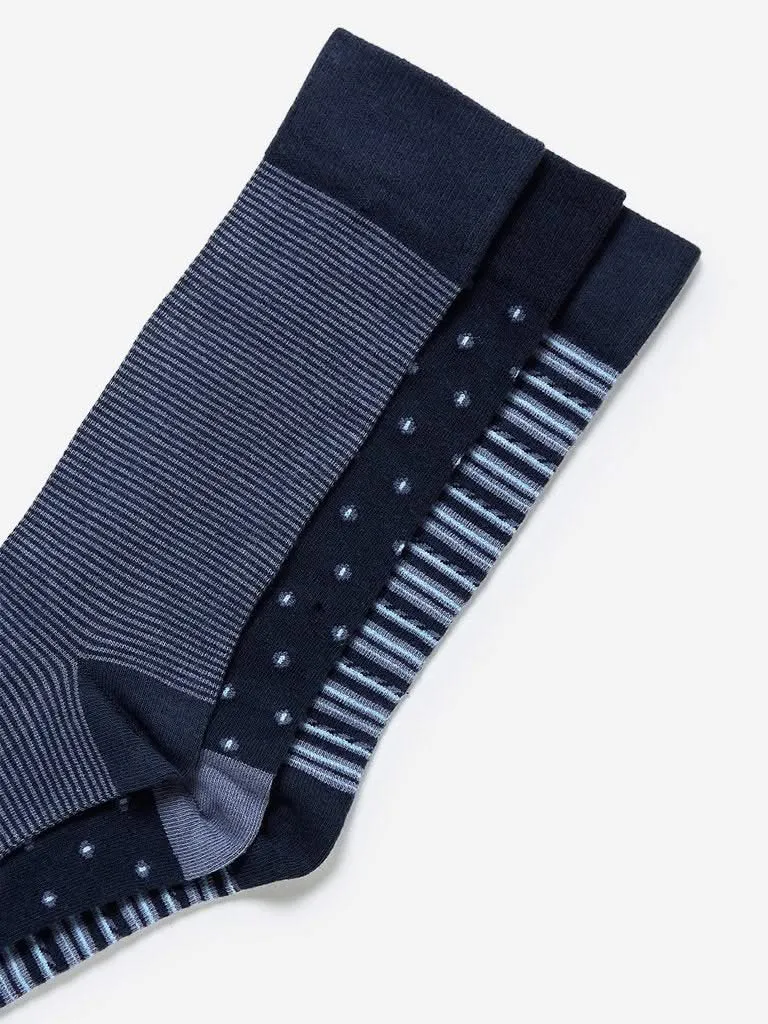 WES Lounge Navy Full-Length Socks Pack Of Three