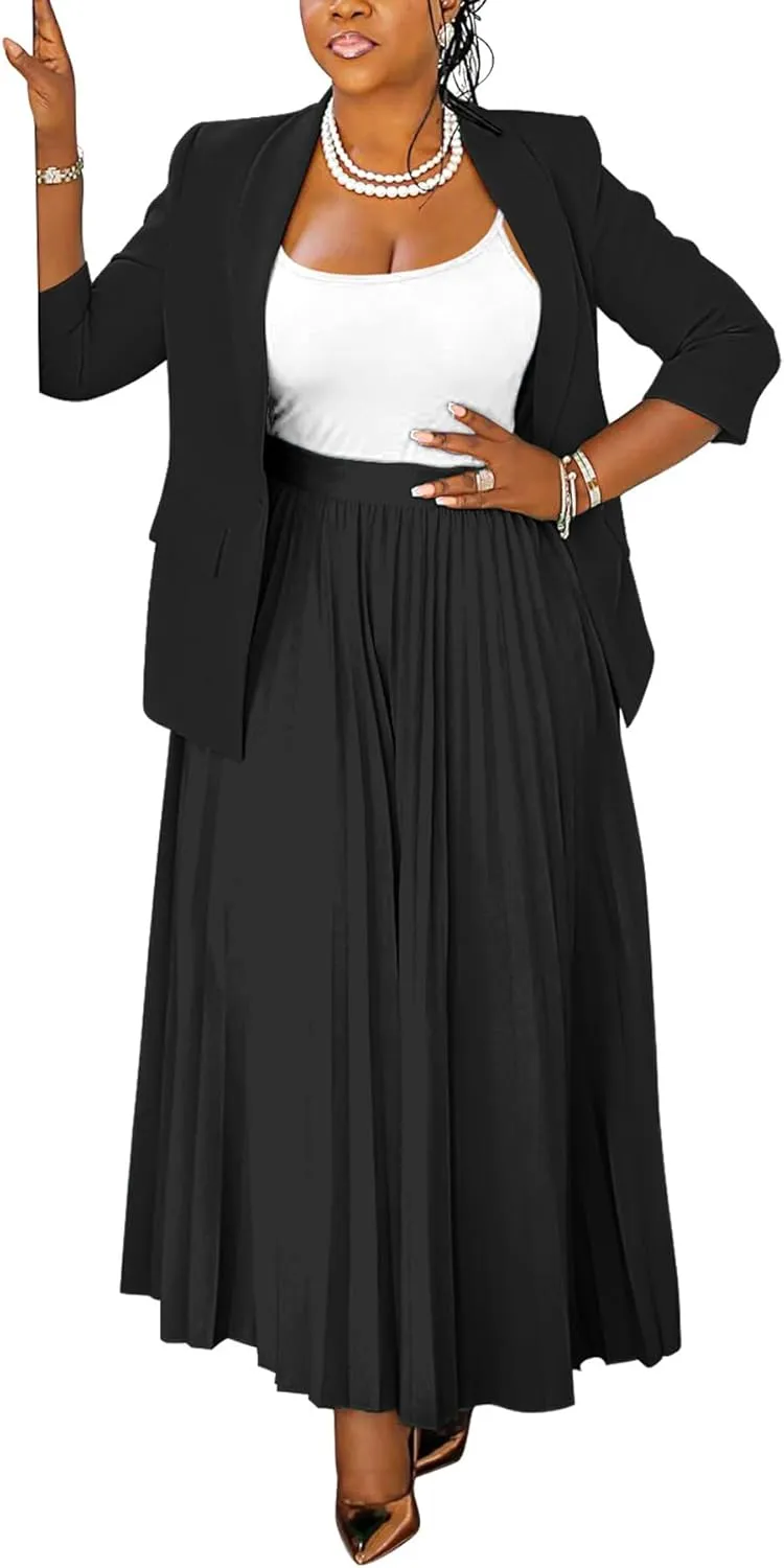 Women 2 Piece Plus Size Business Skirt Suit Sets Long Sleeve Open Front Blazer and High Waist Pleated Maxi Skirt