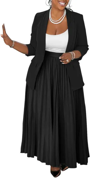 Women 2 Piece Plus Size Business Skirt Suit Sets Long Sleeve Open Front Blazer and High Waist Pleated Maxi Skirt
