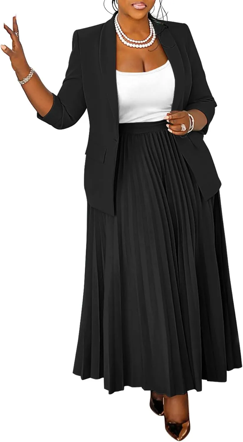 Women 2 Piece Plus Size Business Skirt Suit Sets Long Sleeve Open Front Blazer and High Waist Pleated Maxi Skirt