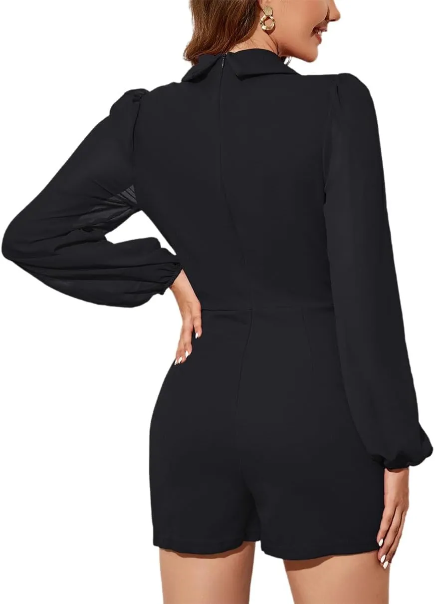 Women's Dressy Jumpsuit Shorts Chiffon Long Sleeve Blazer Collar Jumpsuit Casual Business Office Short Rompers