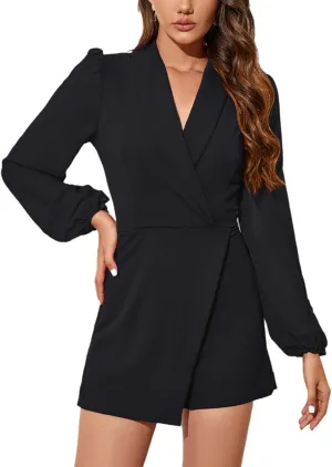 Women's Dressy Jumpsuit Shorts Chiffon Long Sleeve Blazer Collar Jumpsuit Casual Business Office Short Rompers