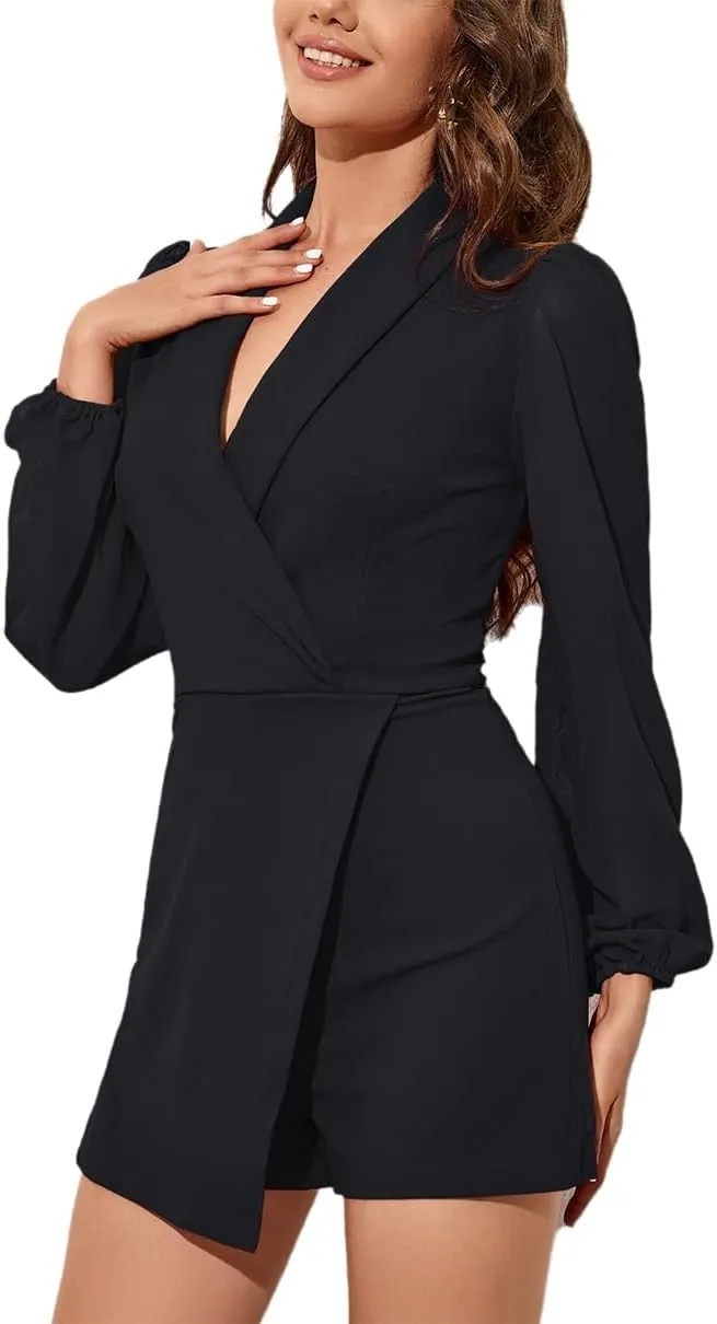 Women's Dressy Jumpsuit Shorts Chiffon Long Sleeve Blazer Collar Jumpsuit Casual Business Office Short Rompers