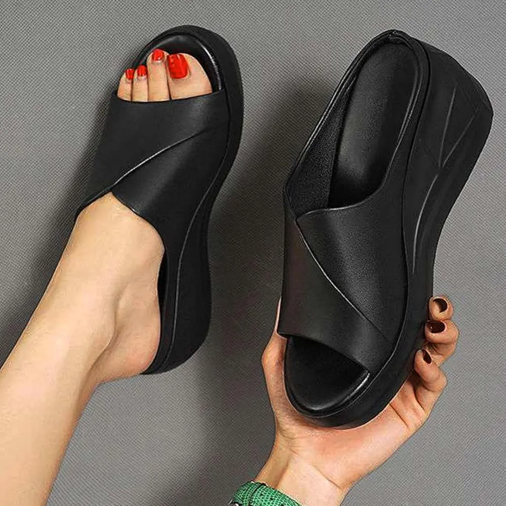Womens Solid Colors Platform Wedge High Heel Sandals Casual Peep Toe Sandals Lady Non Skid Slide Pumps for Beach   B136706
