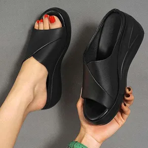 Womens Solid Colors Platform Wedge High Heel Sandals Casual Peep Toe Sandals Lady Non Skid Slide Pumps for Beach   B136706