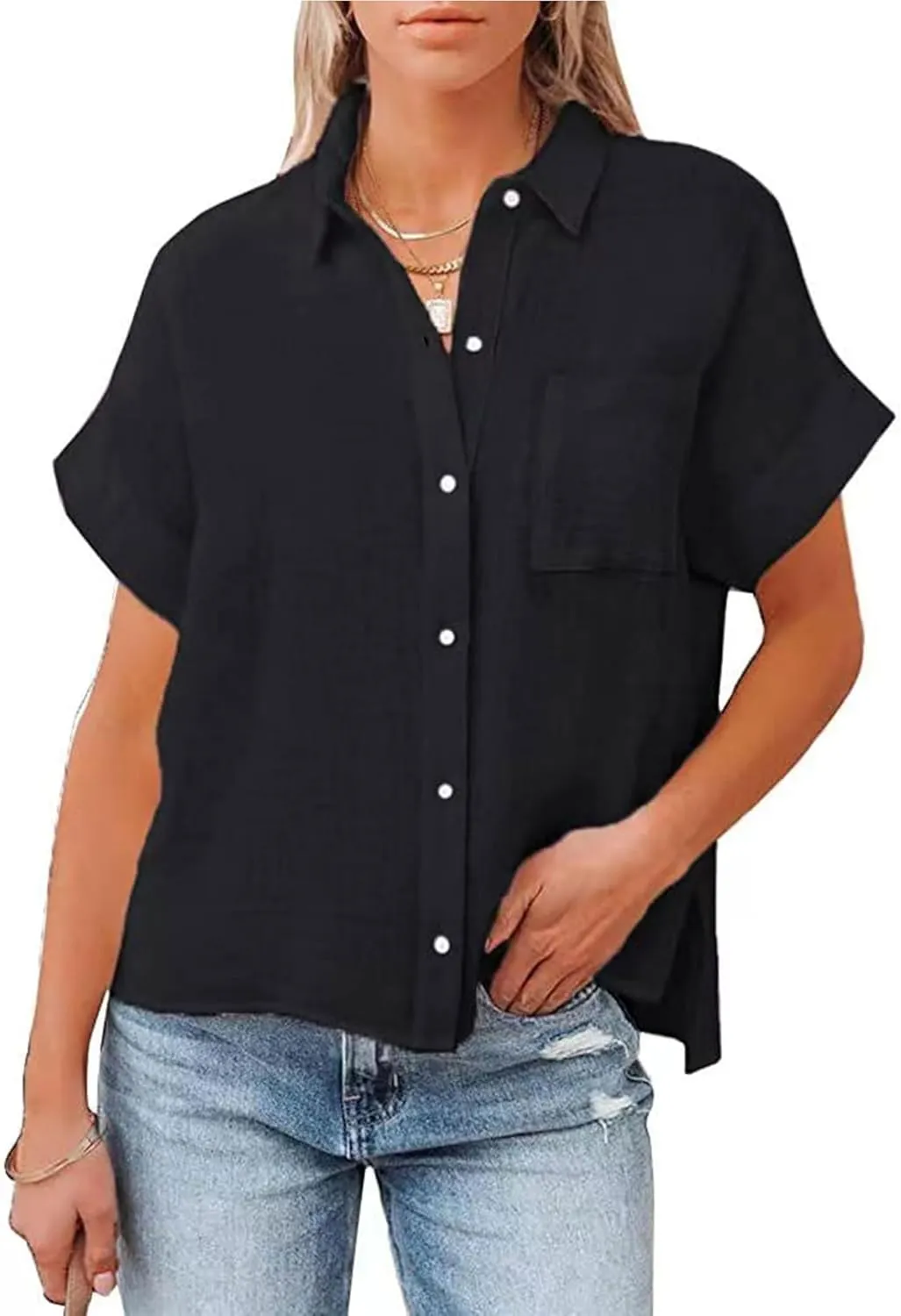 Womens Summer Cotton Linen Short Sleeve Button Down Shirt Collared V-Neck Loose Fit Blouse Beach Office Tops